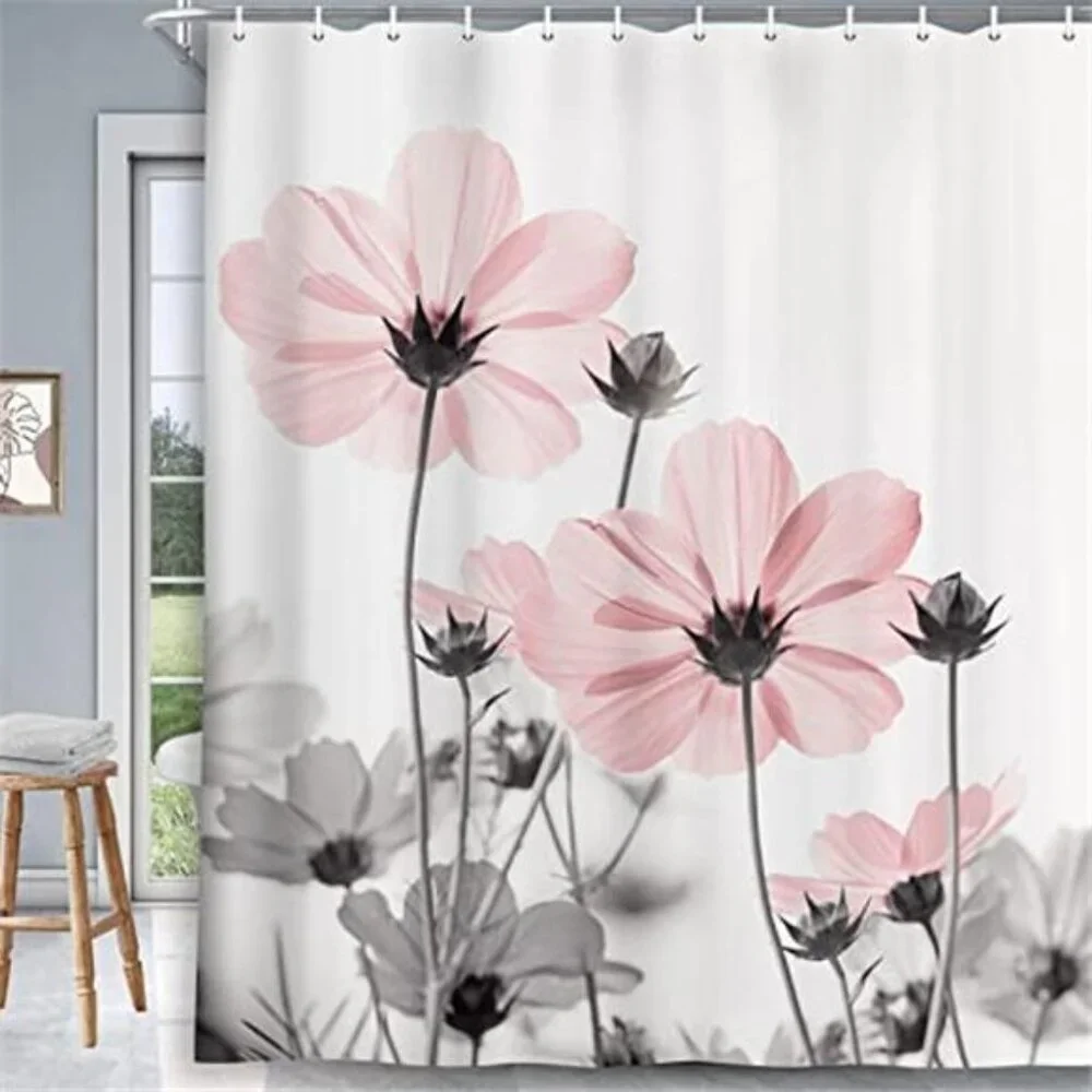 Unique Floral Pink Shower Curtain for Bathroom Decor, Pink and Grey Daisy Flower